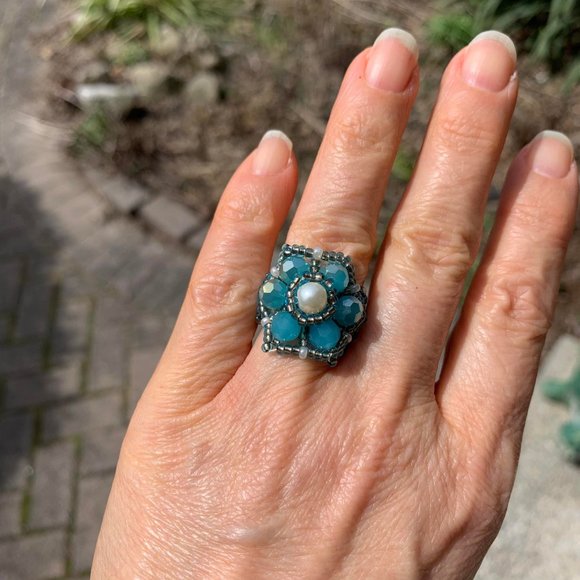 🌷3 for$25🌷Handmade Turquoise Gold & White Beaded Ring, Fits Up to Ring Size 9 - Picture 3 of 5